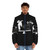 Model wearing a Stasis Puffer Jacket, a stylish and functional fantasy-inspired clothing item for Magic: The Gathering players and fans. - men front