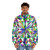 A colorful, abstract puffer jacket with a starlight design - men front