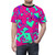 Vibrant abstract geometric pattern in teal and pink colors on a black t-shirt - men front
