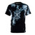 A t-shirt featuring an abstract black and white snowflake pattern design.