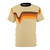 Vintage 1970s style t-shirt with brown, orange, and yellow striped and chevron pattern