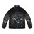 A dark noir puffer jacket featuring the sinister design of The Batman Who Laughs, a popular DC Comics character.