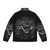 A dark noir puffer jacket featuring the sinister design of The Batman Who Laughs, a popular DC Comics character. - Back
