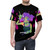 Model wearing a black t-shirt with a colorful, anime-inspired graphic design. - men front