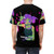 Model wearing a black t-shirt with a colorful, anime-inspired graphic design. - men back