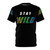 A vibrant all-over-print t-shirt featuring a colorful leopard design and the phrase "Stay Wild"