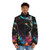 A colorful and whimsical puffer jacket featuring a vibrant splash cat design. - men front