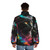 A colorful and whimsical puffer jacket featuring a vibrant splash cat design. - men back