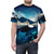 A t-shirt design featuring a beautiful midnight landscape with a serene reflection of the moon, trees, and mountains on the water. - men front