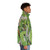Green peach aphid puffer jacket featuring a botanical illustration of the damaging plant pest - men side right