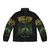 Green puffer jacket with doom metal and graveyard sun design