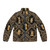 Black puffer jacket with gold Greek deity and meander key ornaments