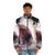 A 3D shark bite puffer jacket with a great white shark design - men front