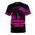 Vibrant synthwave-inspired t-shirt featuring a tropical sunset scene with palm trees and neon colors