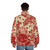 Model wearing a cozy puffer jacket with a cute maneki neko (lucky cat) design - men back