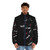 Black puffer jacket with wolf print design - men front