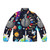 Space-inspired puffer jacket with infographic design of the universe and big bang