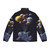 Astronaut in a colorful space travel puffer jacket floating among planets and stars - Back