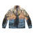 Puffer jacket with gold, red, and blue color scheme inspired by Captain Marvel, a popular Marvel superhero