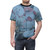 Mecha robot figure standing in a snowy, post-apocalyptic landscape on an all-over print t-shirt - men front