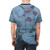 Mecha robot figure standing in a snowy, post-apocalyptic landscape on an all-over print t-shirt - men back