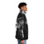 Black and white terrier dog wearing a stylish puffer jacket - men side right