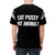 White all-over print t-shirt with the text "Eat Pussy Not Animals" in a bold, graphic design - men back