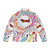 A colorful puffer jacket for dachshunds, featuring a whimsical nature-inspired design with flowers and birds. - Back