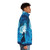 A blue puffer jacket with a silhouette of a woman surrounded by stars and a night landscape - men side right