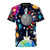 Stylish t-shirt featuring a space-themed infographic design with planets, stars, and cosmic elements