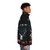 A model wearing a puffer jacket with the text "Give Me Your Mum's Credit Card" printed on it. - men side right