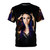 Metalhead girl with blue hair wearing a t-shirt with a metal music design