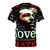 Vintage-style graphic t-shirt featuring the message "Marvin Says Love Can Conquer Hate" in a distressed design.