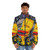 Puffer jacket with abstract "Fear and Love" design, inspired by neo expressionism and early post-modern art styles - men front