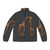 Giraffe puffer jacket with colorful abstract animal print design