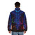 Colorful puffer jacket featuring a phoenix design against a vibrant sky - men back
