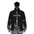 Skillet Christian hard rock band logo and guitar typography on black puffer jacket - men back
