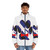 Puppy paw print puffer jacket with LGBT pride flag design - men front