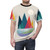 Vibrant abstract landscape design t-shirt featuring a dreamlike scene with geometric shapes, vibrant colors, and white birds - men front