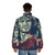 Patrick Swayze wearing a powder blue puffer jacket, a classic 80s movie fashion item - men back