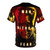 T-shirt featuring a blind superhero with horns and a red and yellow color scheme - Back