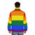 A colorful puffer jacket featuring a design of cute rabbits in rainbow pride colors - men back