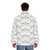 A white puffer jacket with a "Nobody Messes With My Brother" graphic, inspired by the Chris Farley comedy "Beverly Hills Ninja" - men back