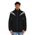 A silver puffer jacket with a lightning bolt design, representing the power and energy of electricity. - men front