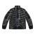 A silver puffer jacket with a rib cage skeleton print, perfect for a spooky Halloween or dark fashion look.