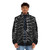 A silver puffer jacket with a rib cage skeleton print, perfect for a spooky Halloween or dark fashion look. - men front