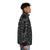 A silver puffer jacket with a rib cage skeleton print, perfect for a spooky Halloween or dark fashion look. - men side right