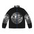 Silver disco ball puffer jacket with a retro disco ball graphic