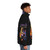 A shiny silver puffer jacket with a metallic bullet design - men side right