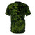 Close-up image of a t-shirt featuring a vibrant tropical leaves print design. - Back